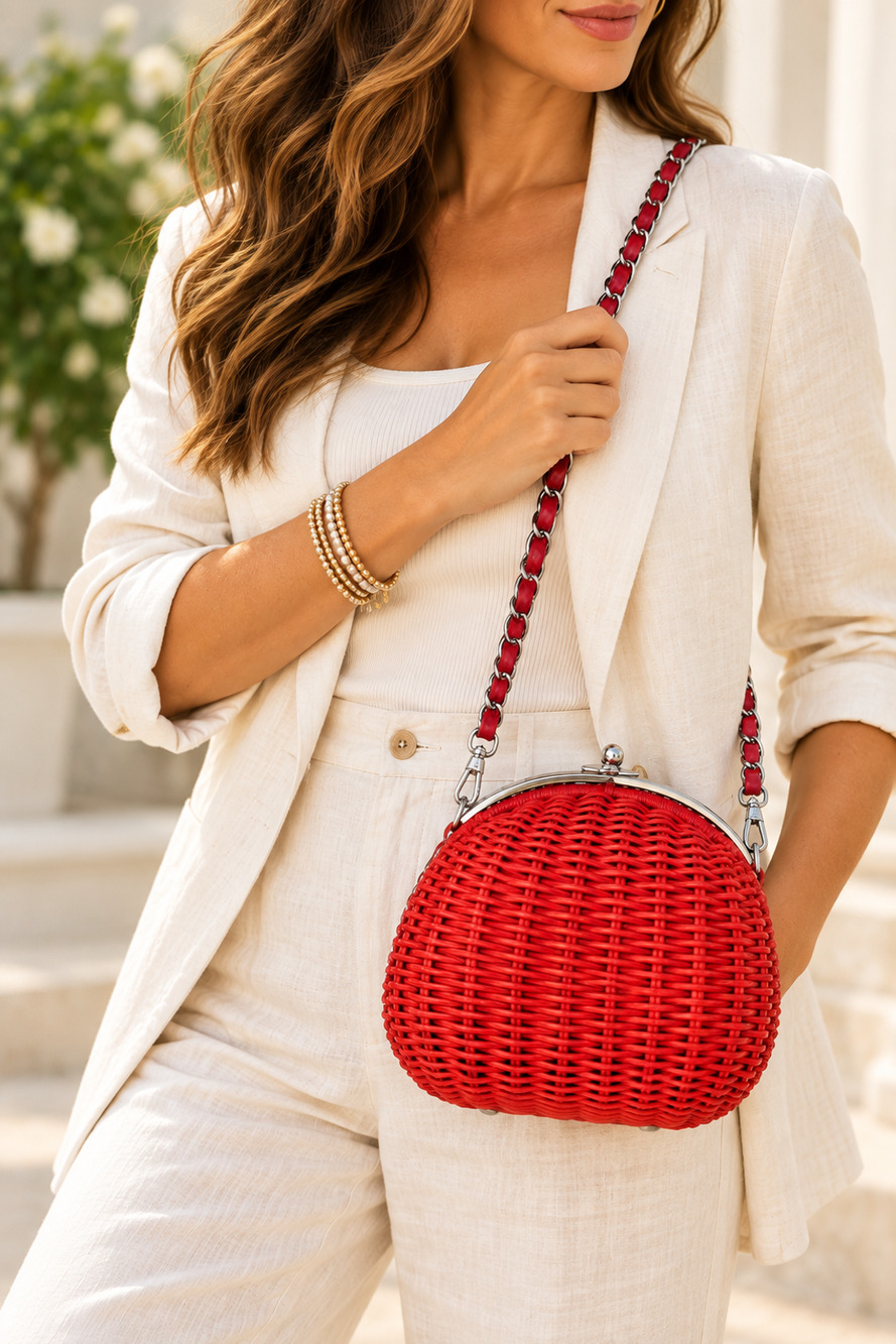 Patricia Nash Melfi P920216 Papaya Wicker Rattan Crossbody Clam Shell Bag Purse